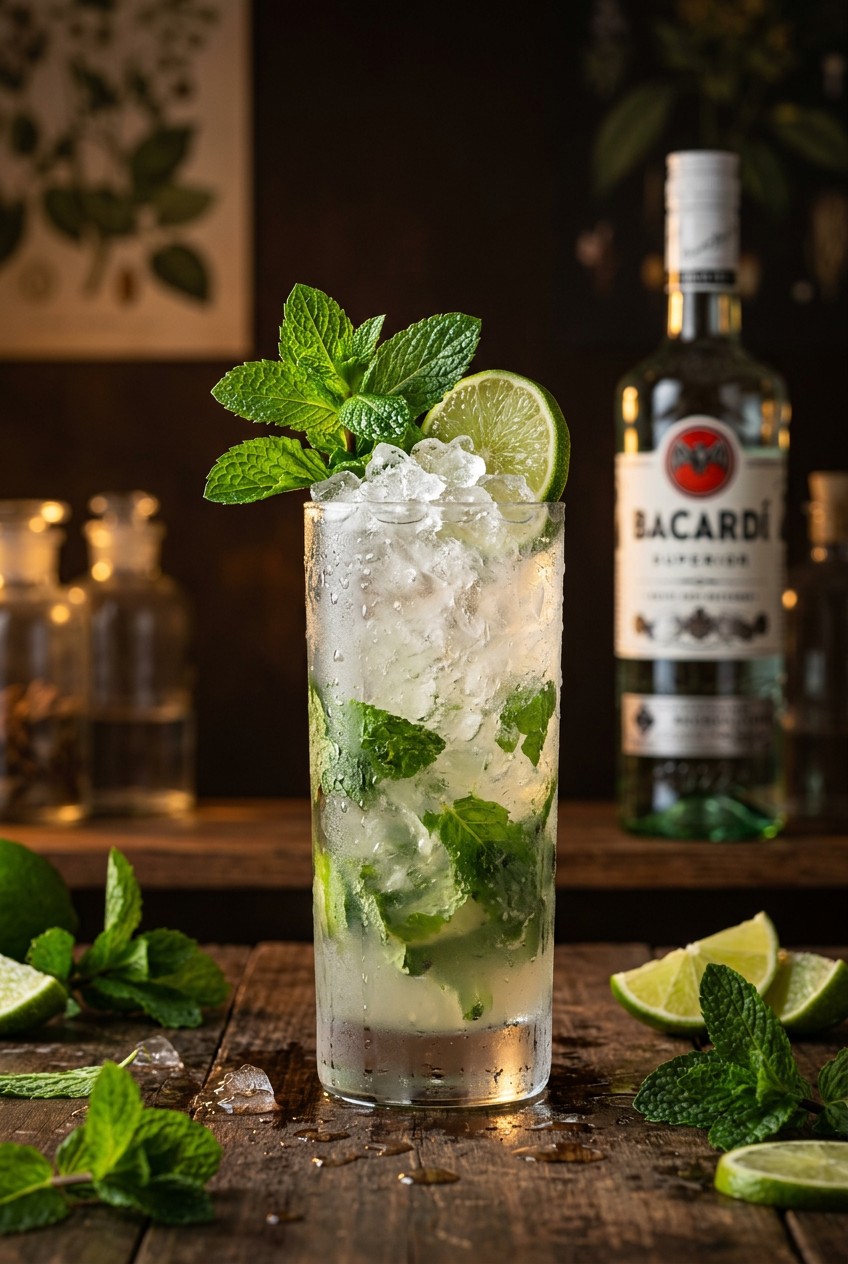 Finished mint mojito cocktail with white rum in tall glass with crushed ice fresh mint sprig and lime wheel garnish on wooden table