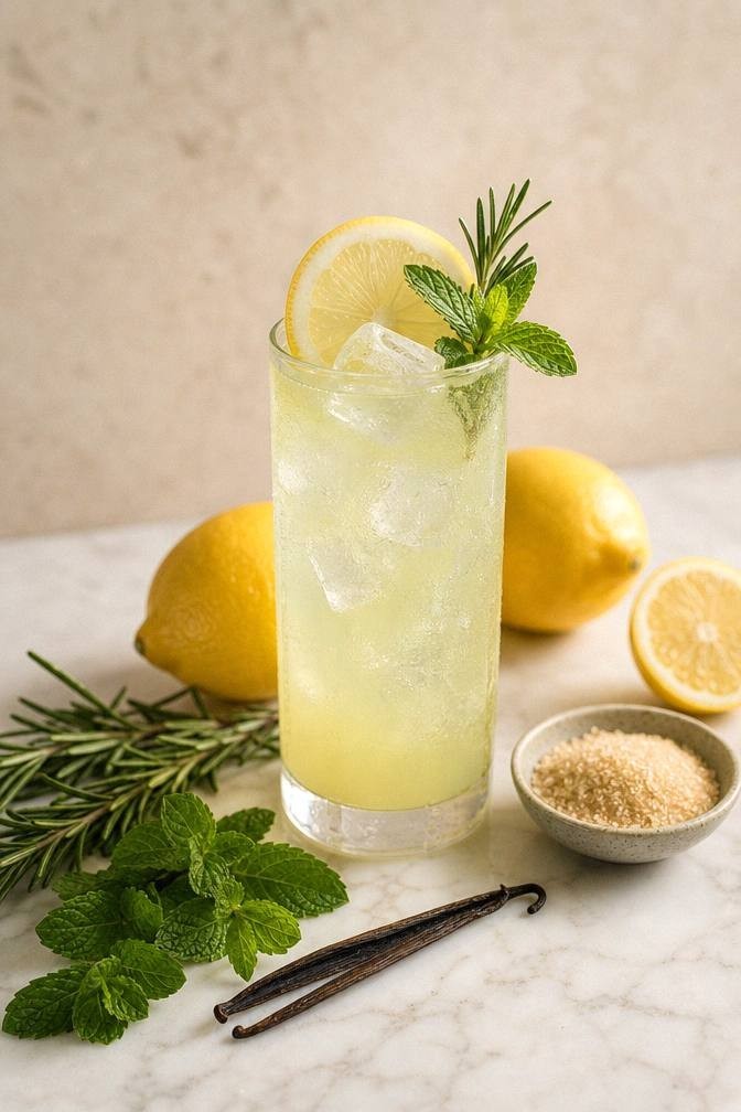 Fresh rosemary sprigs, a split vanilla bean, lemons, and mint on a pale surface beside a small pot for making rosemary lemonade syrup