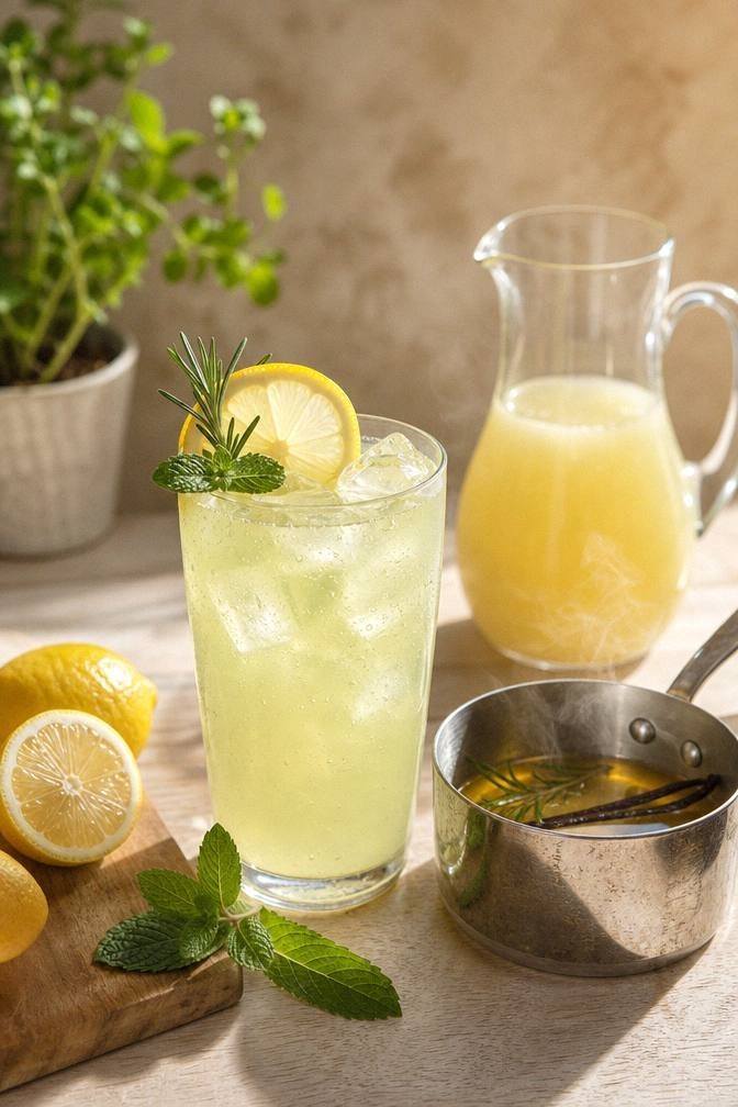 Rosemary and vanilla simmering in a small pot of syrup next to a pitcher of fresh lemon juice for homemade herbal lemonade