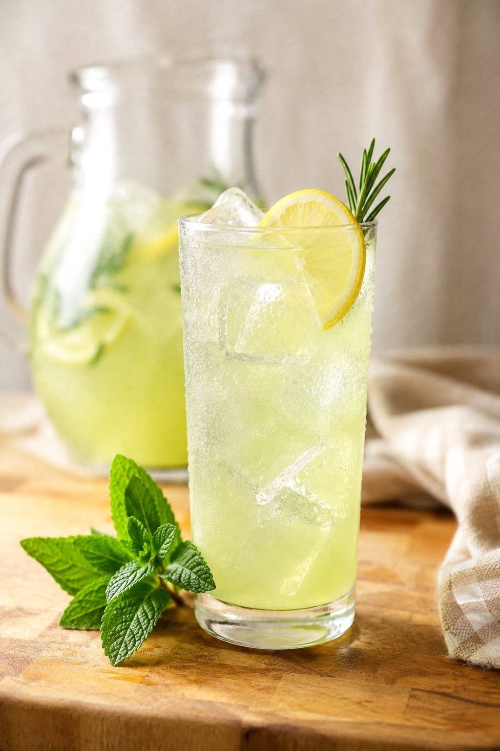 Finished pale green mint rosemary lemonade in a tall glass over ice with a lemon wheel and rosemary sprig garnish in bright garden light