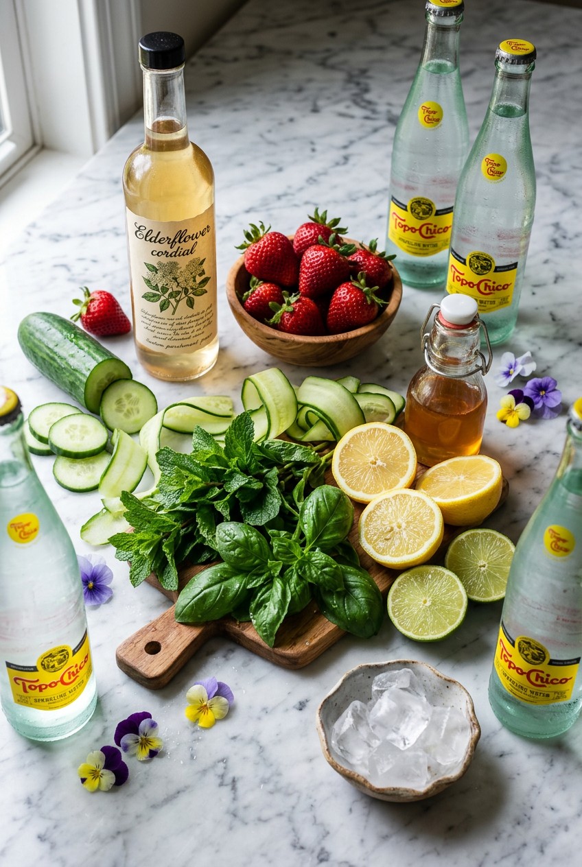 Five colorful spring mocktails arranged on white marble counter with fresh elderflower, strawberries, cucumber, mint, and basil ingredients