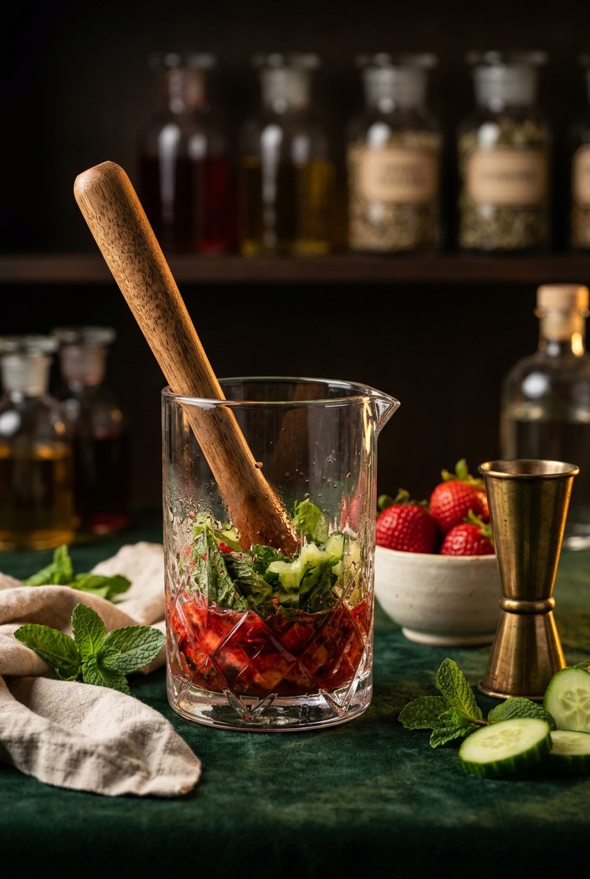 Hands muddling fresh strawberries and mint in glass with wooden muddler for easy mocktail recipe