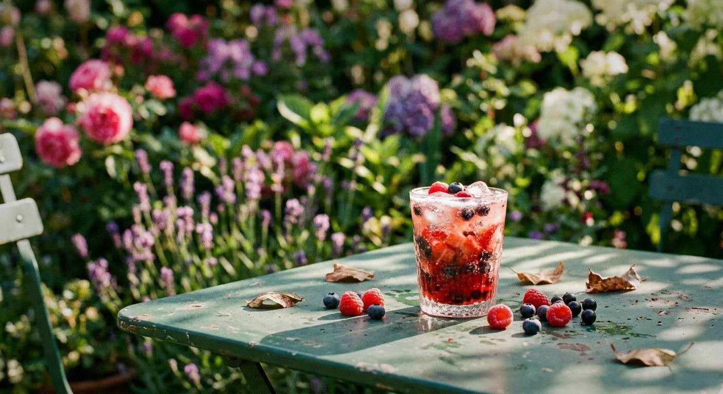 Row of simple spring mocktails in clear glasses with fresh herbs, citrus slices, and berries