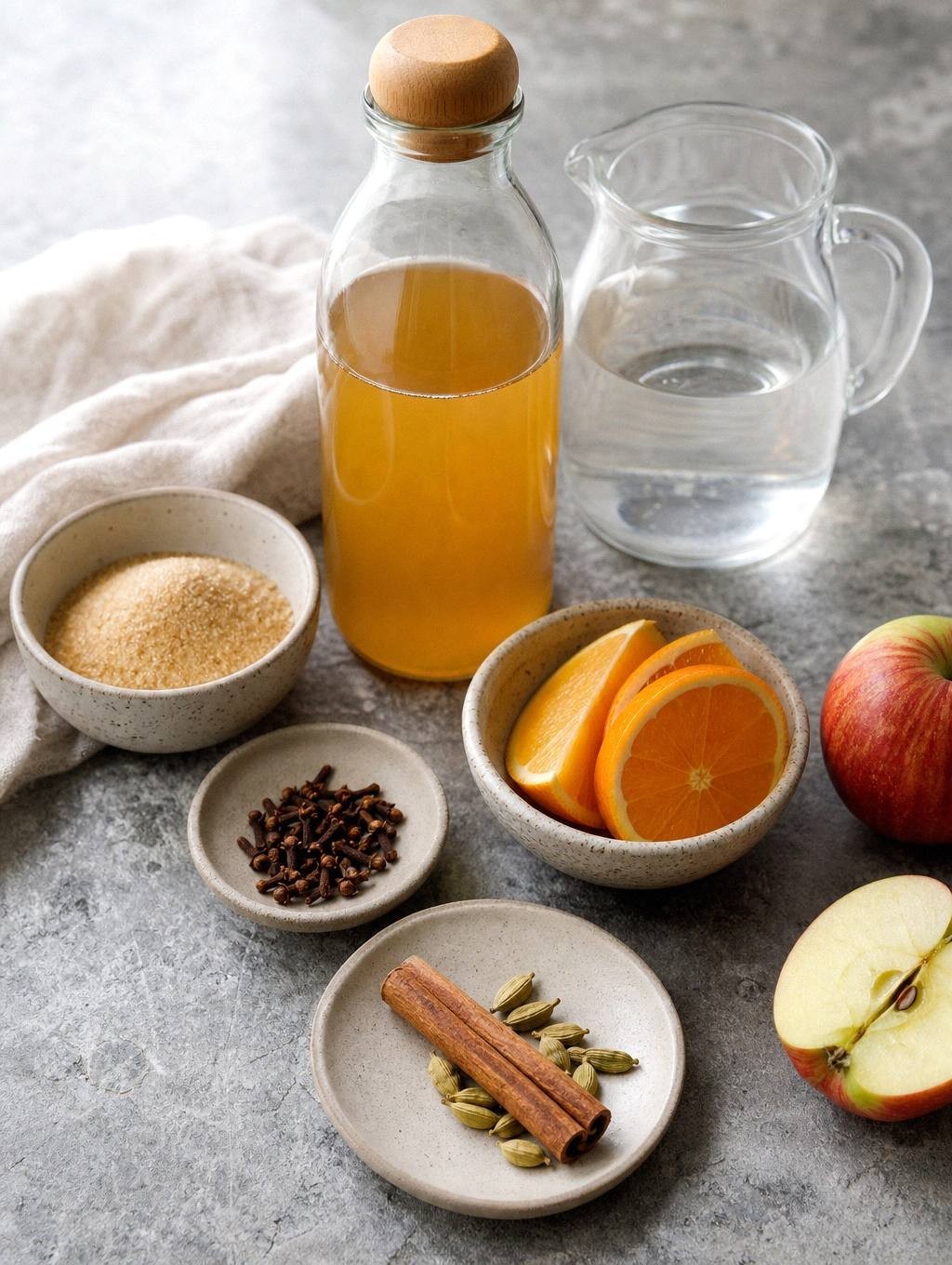 ingredients for mulled apple cider including whole cloves, cinnamon stick, cardamom pods, orange, and sugar measured out on counter