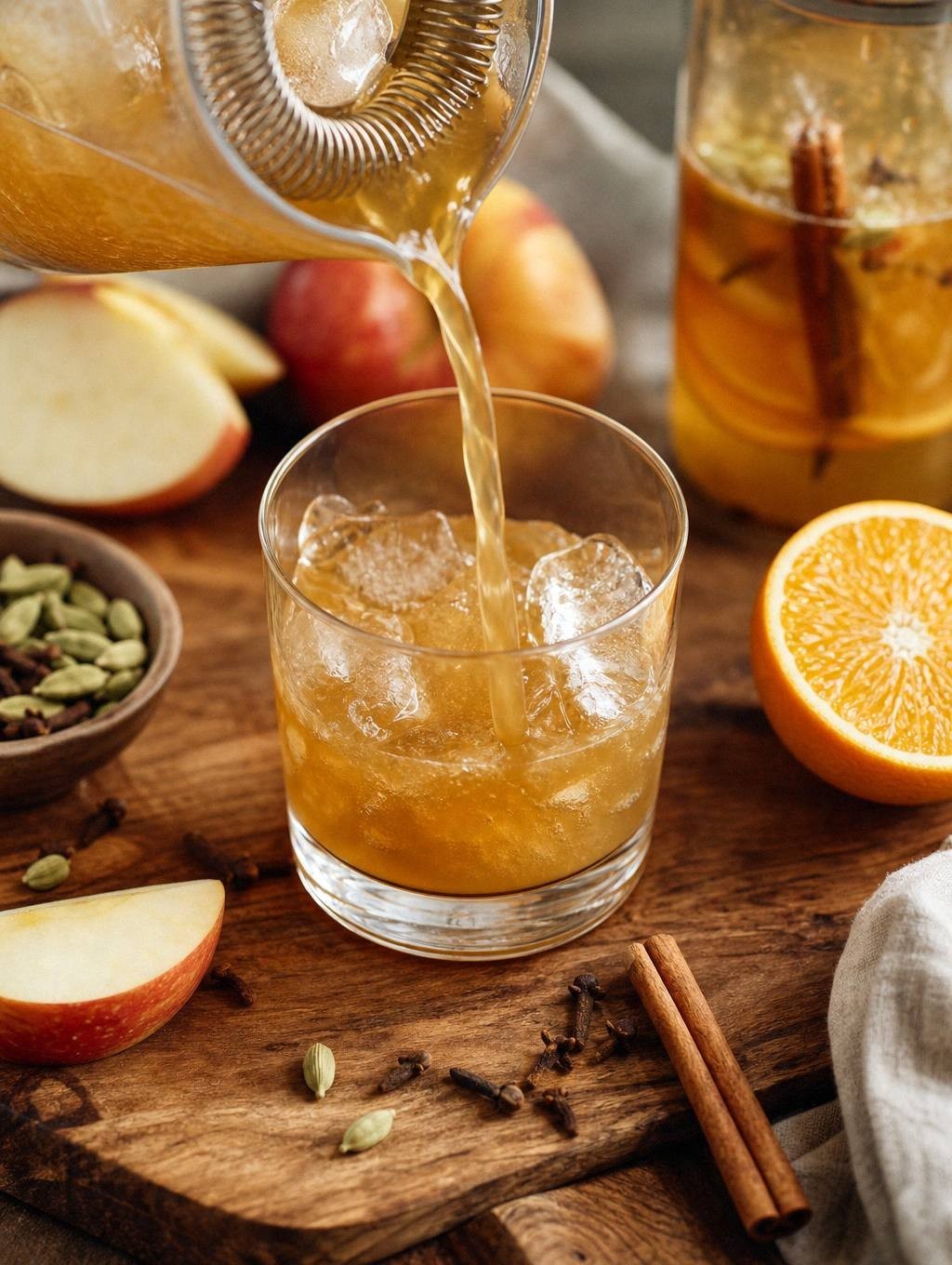 pouring hot mulled apple cider into glass, liquid in motion showing natural caramel color