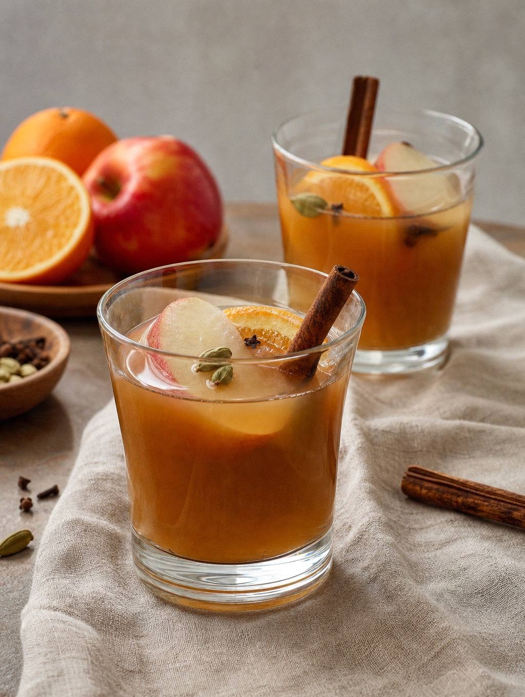 two glasses of finished mulled apple cider styled on table with cinnamon sticks and orange garnish