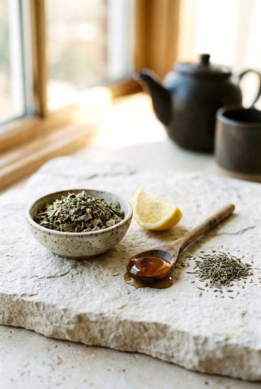 Dried mullein leaf with honey and lemon on a pale stone surface for cough and mucus tea