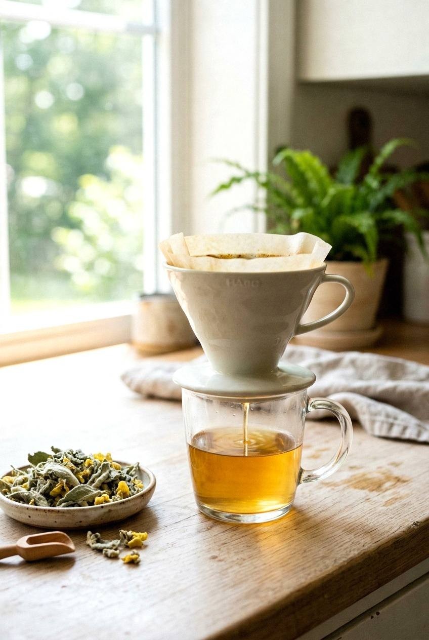 Golden mullein tea being strained through a coffee filter into a clear glass cup