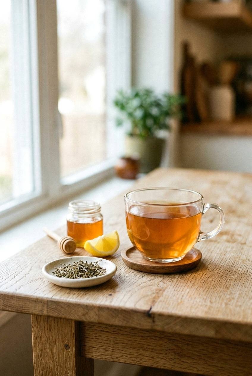 Finished mullein tea with honey and lemon in a clear cup beside dried thyme on a light oak table