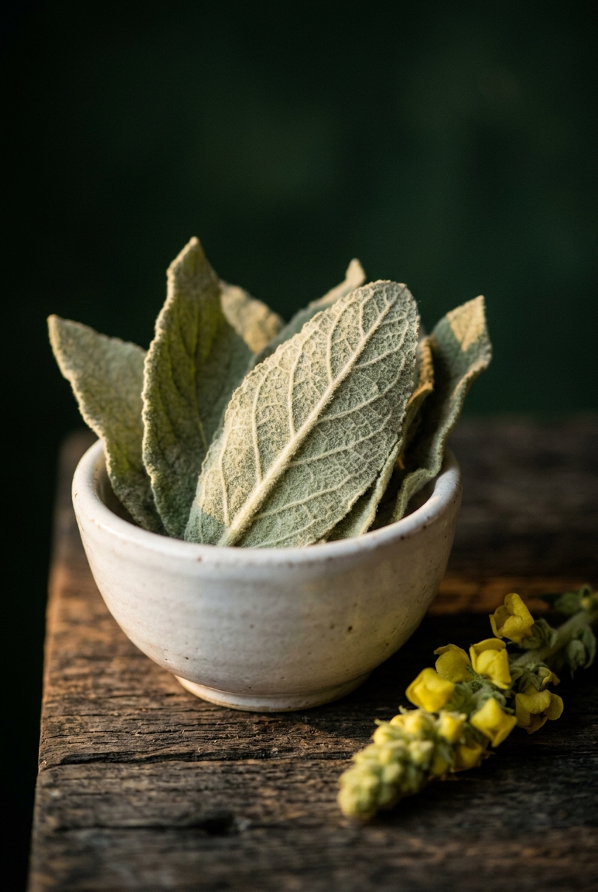 Dried mullein leaves in a white ceramic bowl on wooden table with fresh mullein flower spike, showing fuzzy grey-green leaves used for respiratory tea