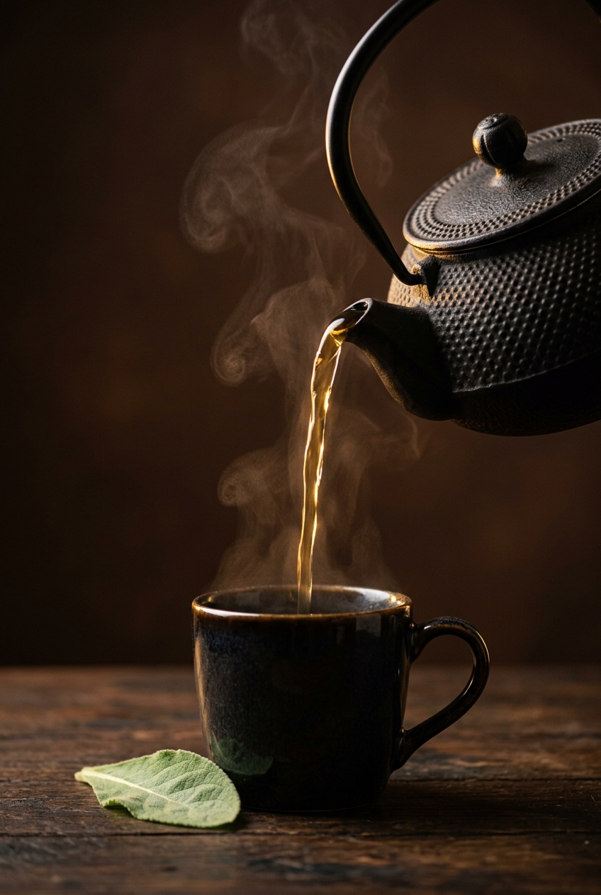 Steeping mullein tea in glass teapot with infuser showing golden-amber colored herbal tea for lung health and breathing support
