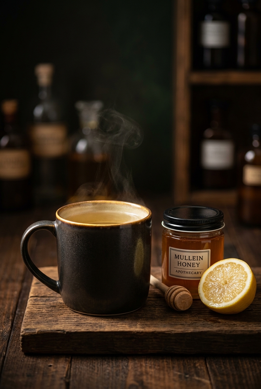 Finished mullein tea in clear glass mug with honey and lemon on wooden board, herbal lung tea for spring allergies and respiratory health