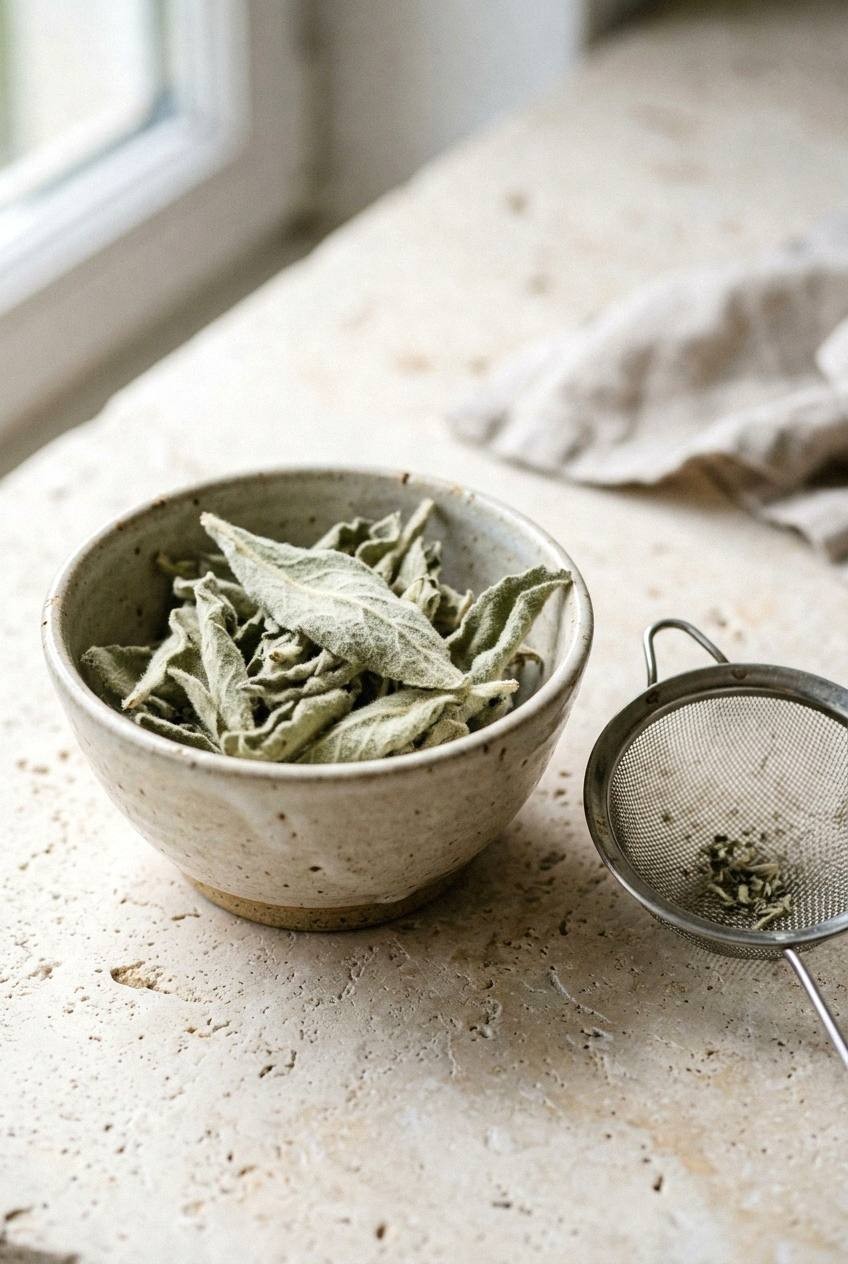 Dried mullein leaves beside a fine strainer and clear cup on pale stone