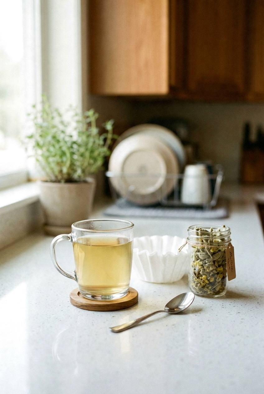 Herbal tea safety setup with labeled jar of mullein leaf, coffee filter, and pale golden tea