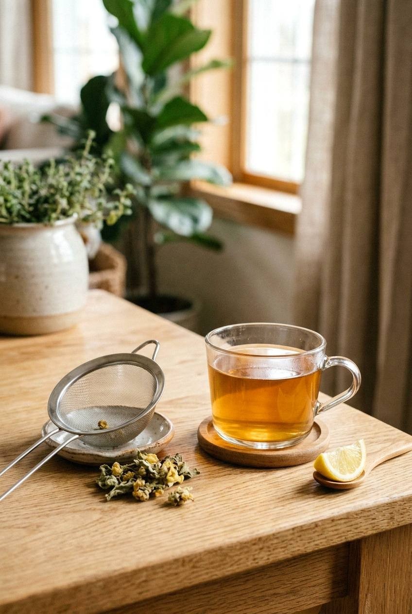 Finished cup of strained mullein tea beside a note card reading strain well on a bright kitchen counter