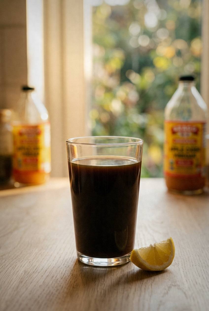 Lion's mane mushroom powder being stirred into hot water in a small ceramic bowl, showing the fine tan-colored powder dissolving into a smooth paste, wooden spoon on a light surface