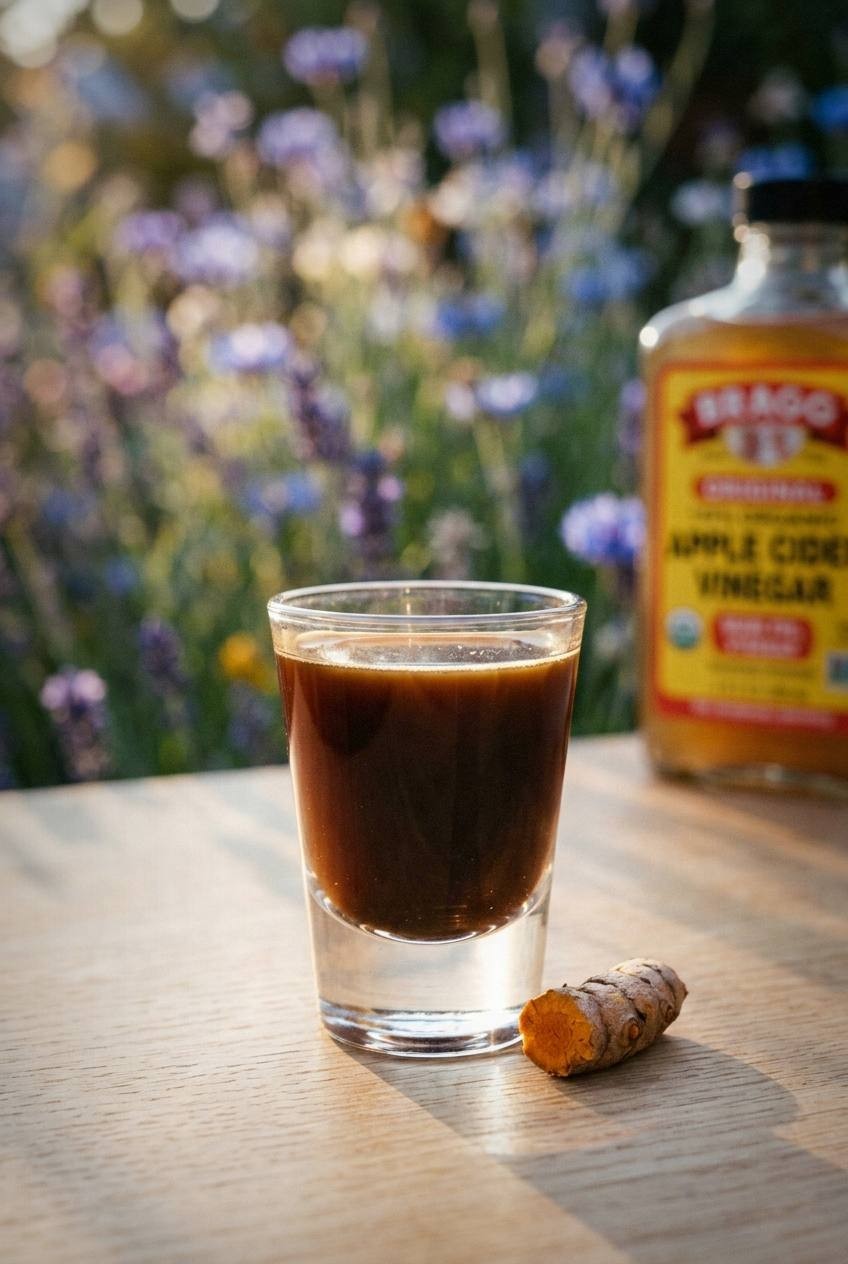 Iced mushroom coffee latte in a tall clear glass showing layers of cold brew and oat milk with ice cubes, a small jar of lion's mane mushroom powder beside the glass on a light marble surface