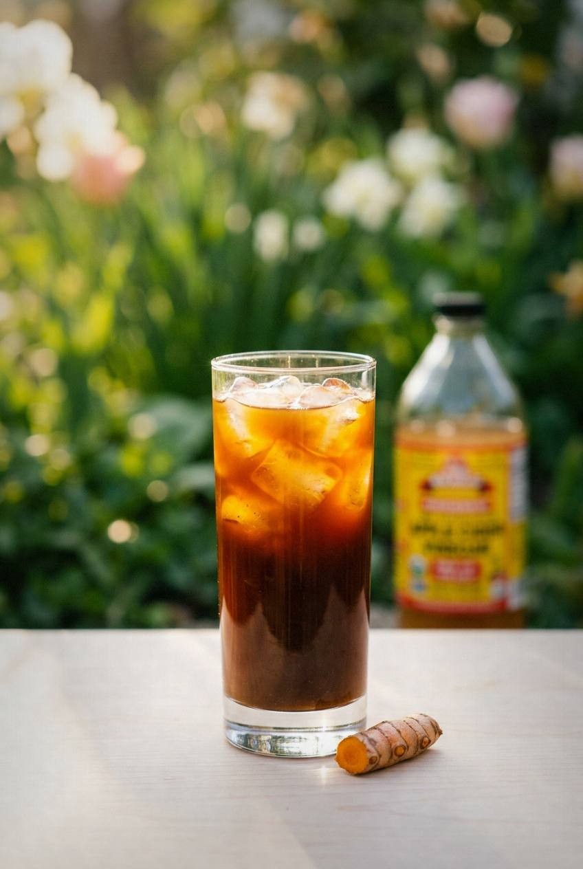 Finished iced mushroom coffee latte with a creamy swirl being stirred, a bag of lion's mane mushroom powder and a small wooden scoop visible beside the glass, bright natural light