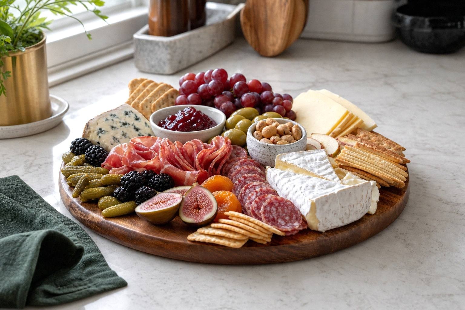 charcuterie board on kitchen counter with cheese, fruit, and crackers ready for guests
