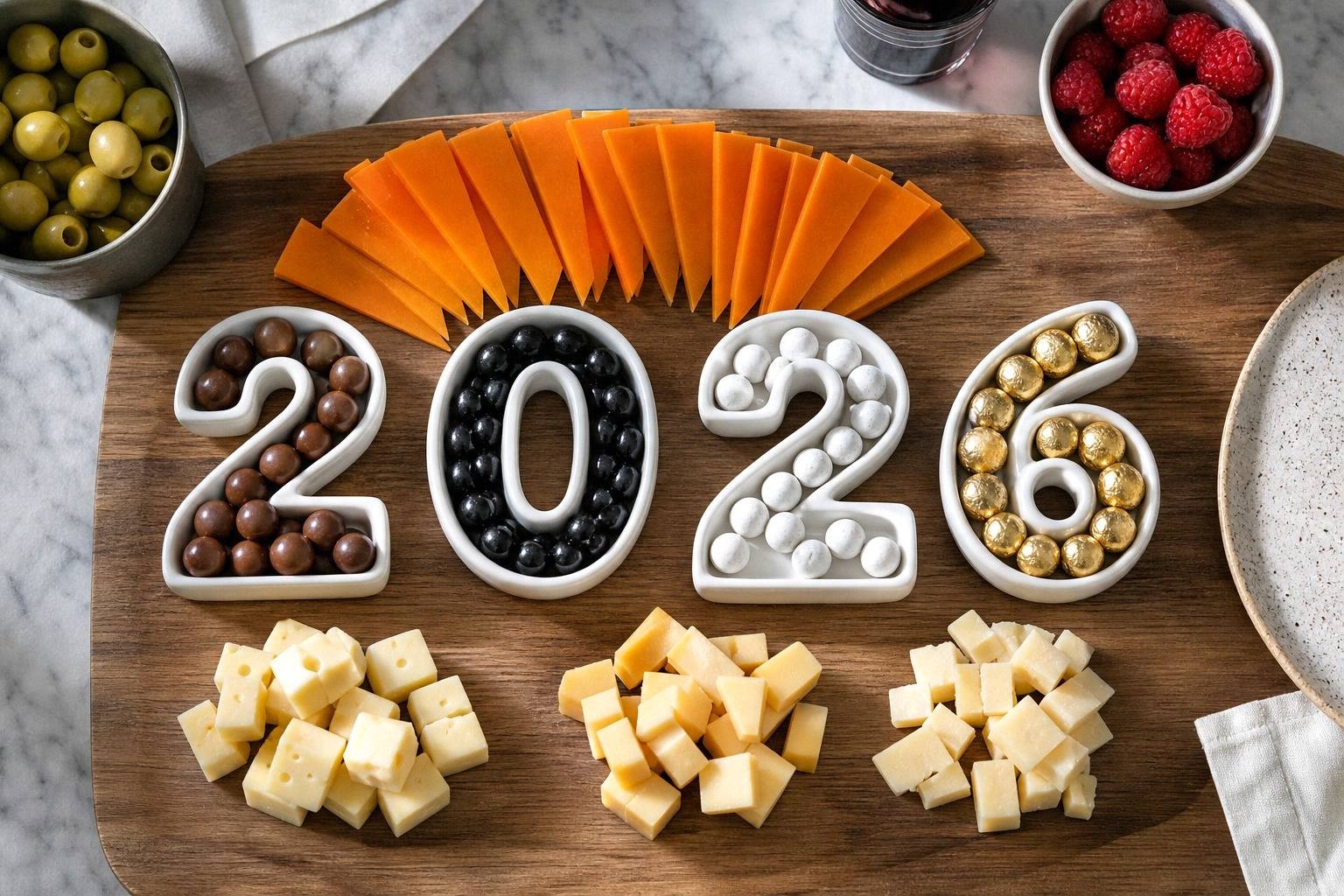 ceramic number dishes filled with candy, cheese cubes, and salami being arranged on board