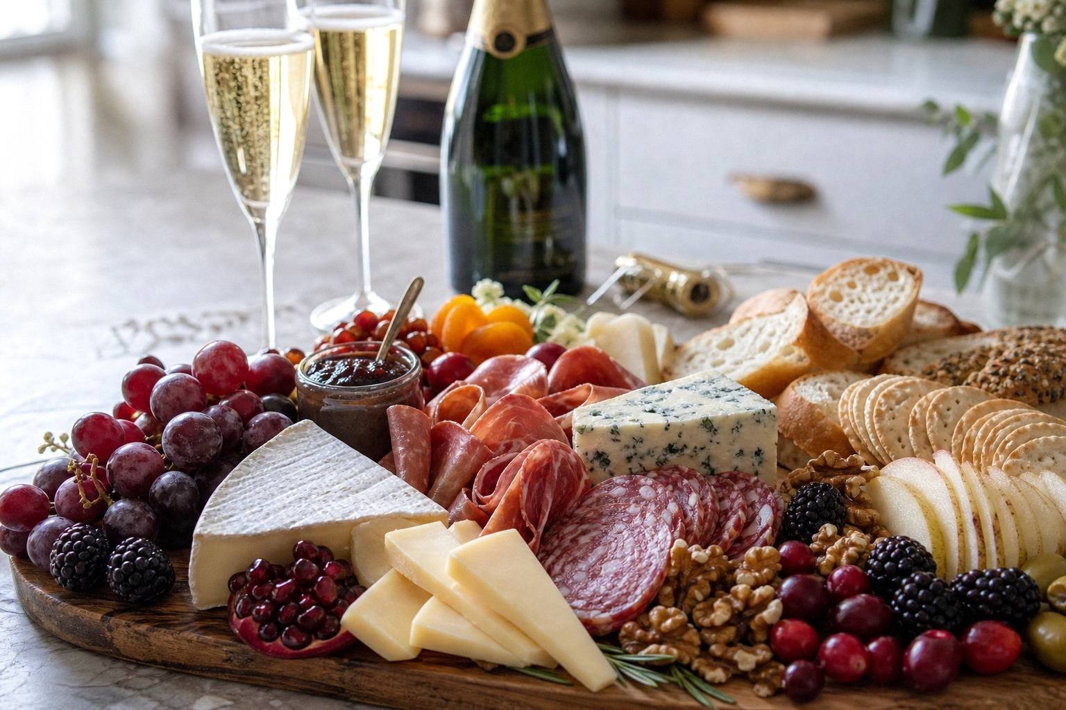 champagne glasses next to charcuterie board with cheese and salami on table