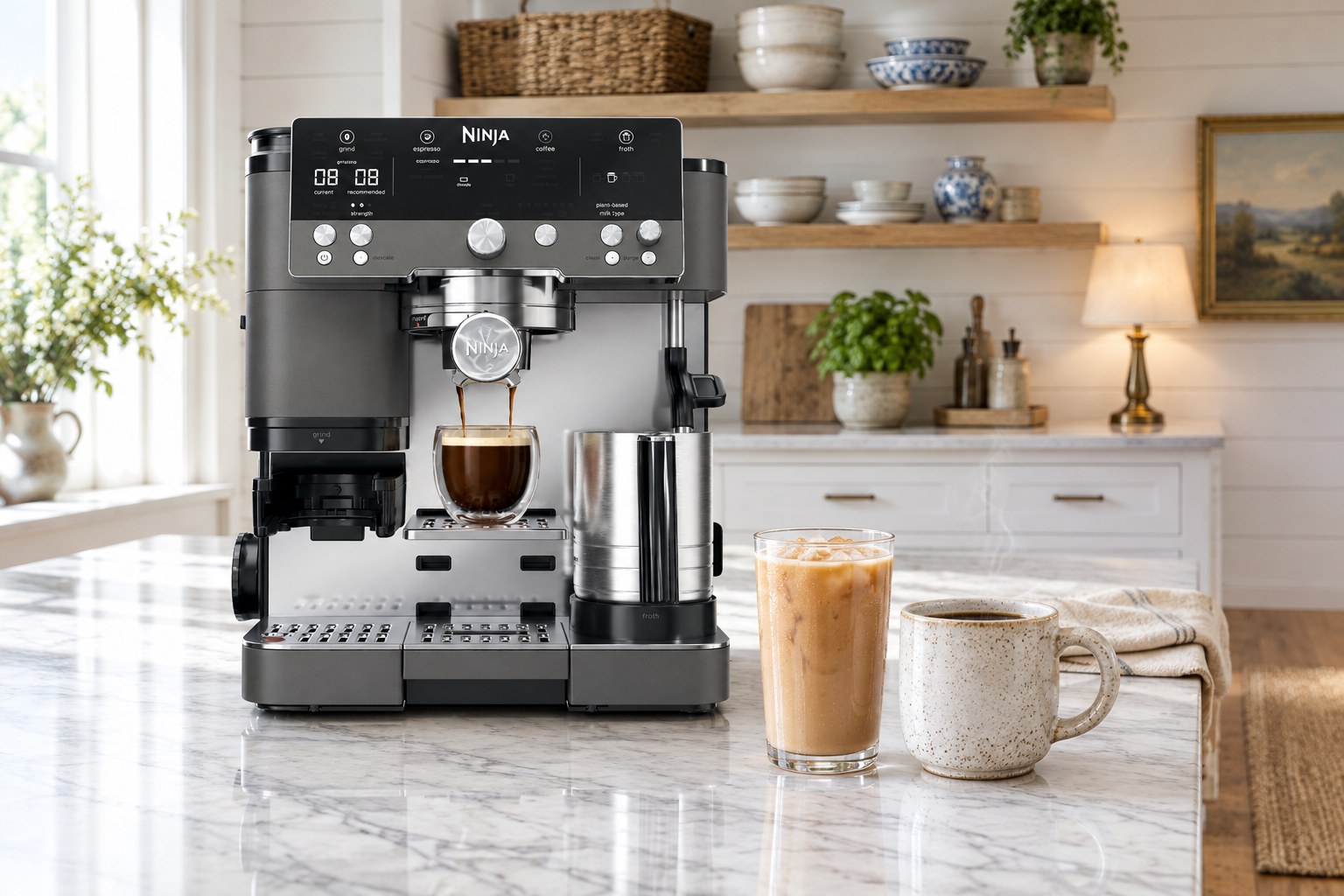 Ninja Luxe Cafe Premier espresso machine in gunmetal beside an iced latte and a mug of drip coffee