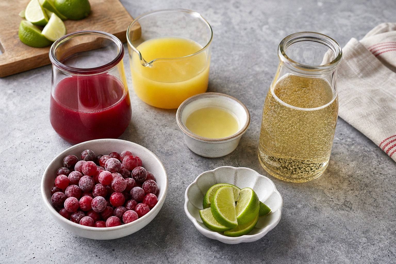 ginger ale, cranberry juice, pineapple juice, frozen cranberries and lime wedges measured in separate containers