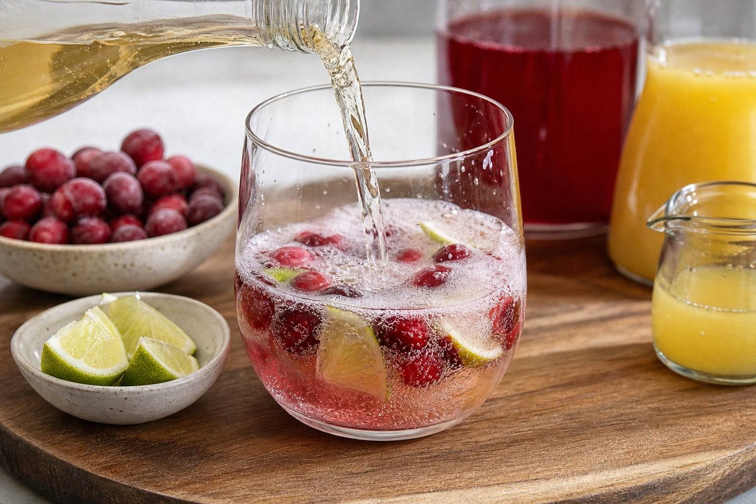 ginger ale pouring into a glass of red fruit punch with cranberries