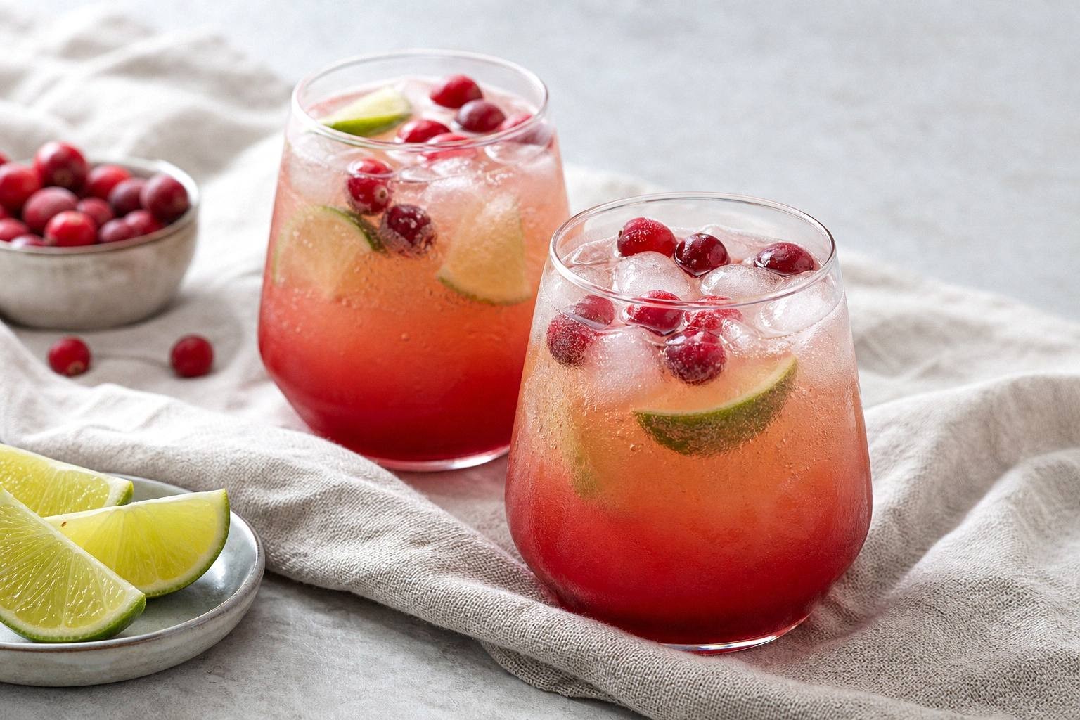 two glasses of cranberry punch garnished with lime wedges and frozen cranberries on a holiday table