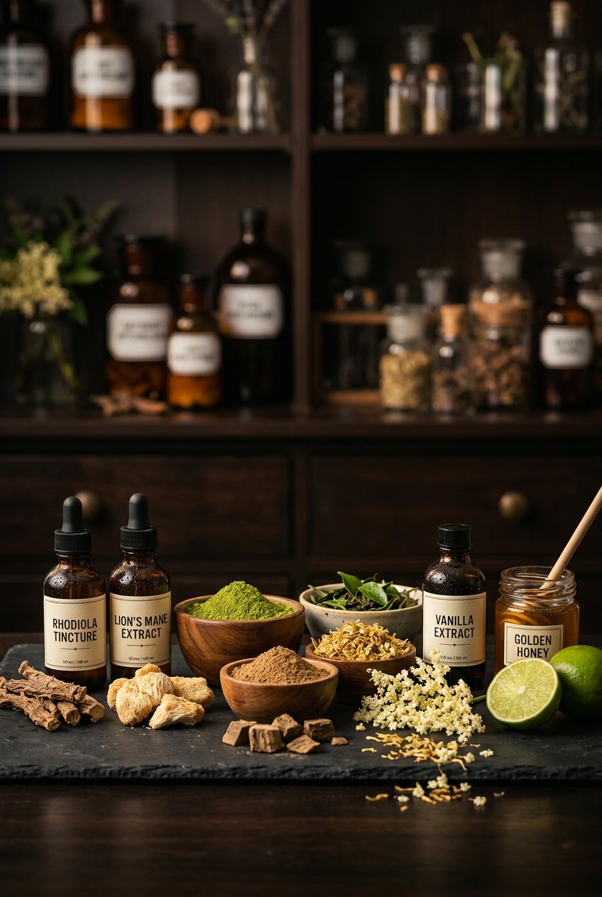 Five glass tumblers filled with colorful adaptogenic elixirs including matcha green elixir, creamy lion's mane latte, pale elderflower sparkler, golden rhodiola tea, and cloudy kava coconut drink arranged on wooden board with fresh herbs