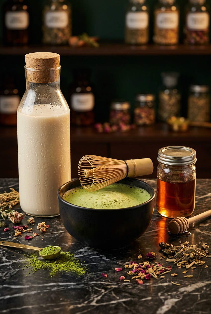 Hands whisking matcha powder in ceramic bowl with bamboo whisk, bright green tea beside glass of oat milk and small jar of maple syrup on marble counter