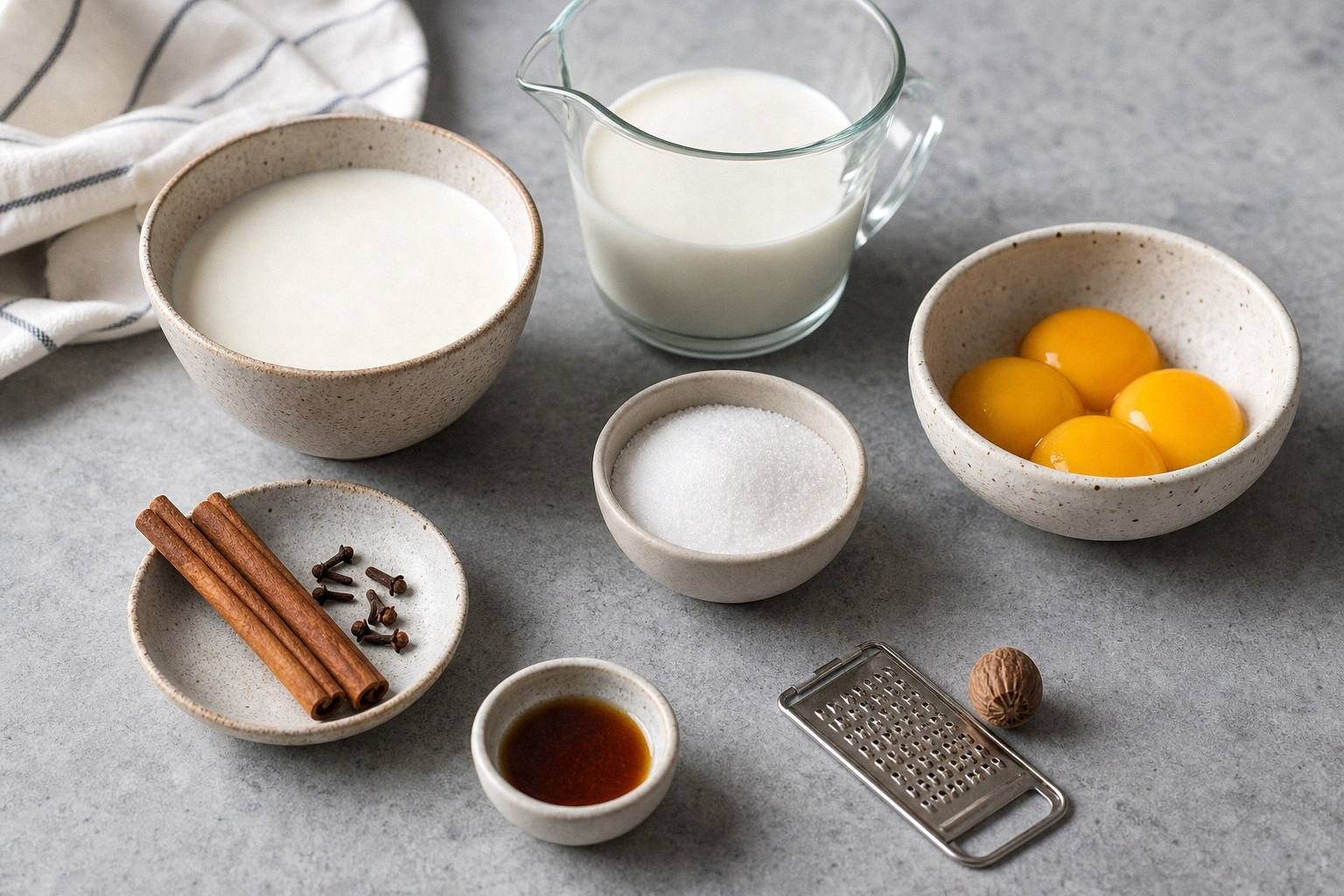 ingredients for eggnog laid out: egg yolks in bowl, sugar, heavy cream, milk, whole nutmeg, cinnamon sticks, cloves