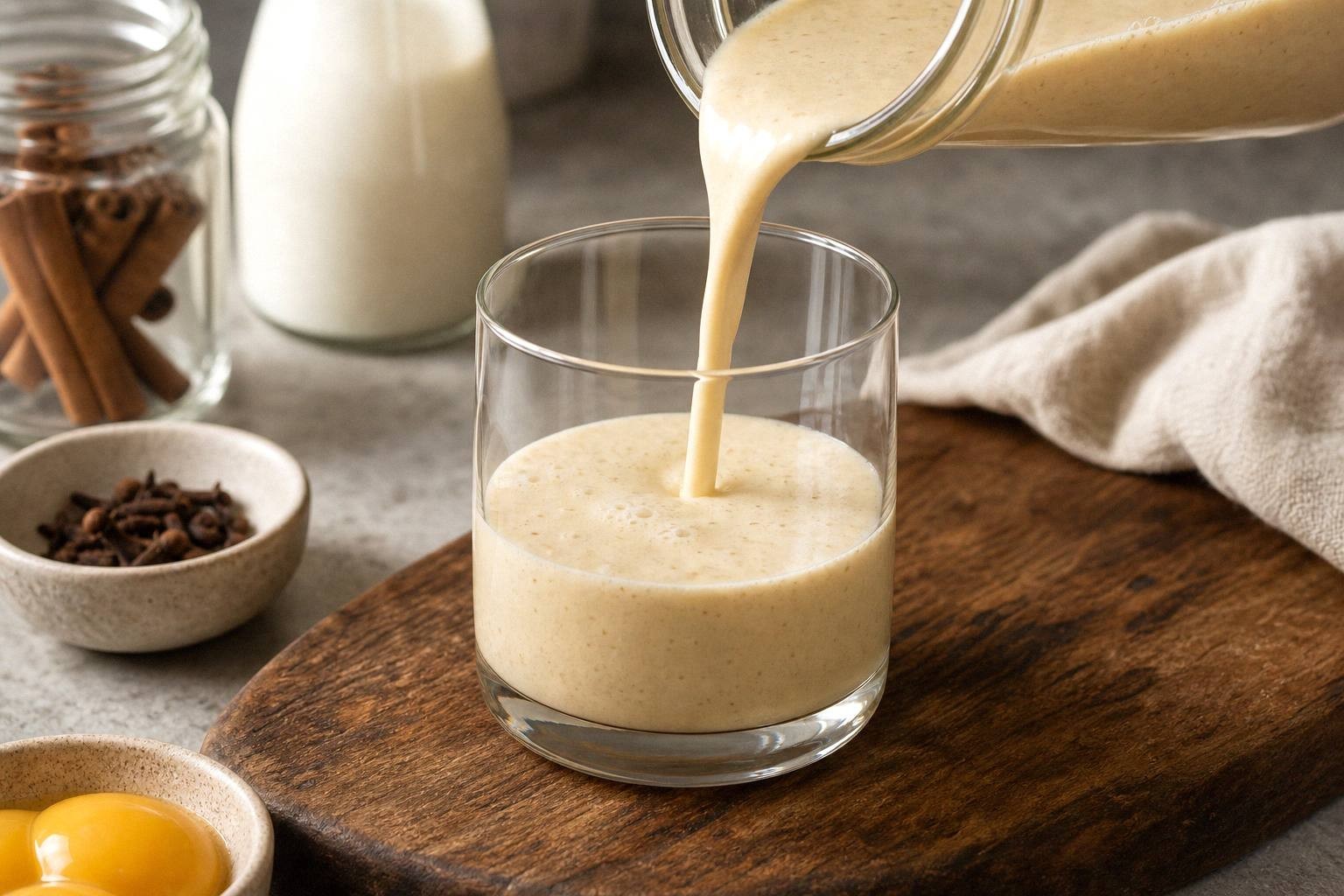 pouring spiced milk mixture into beaten egg yolks while whisking to temper the custard base