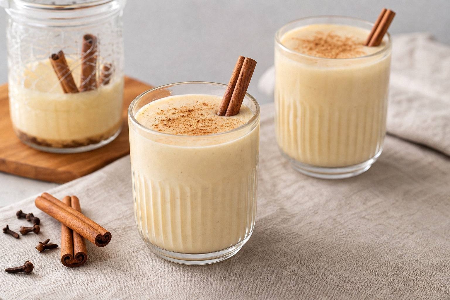 two glasses of finished non-alcoholic eggnog garnished with whipped cream and cinnamon on holiday table