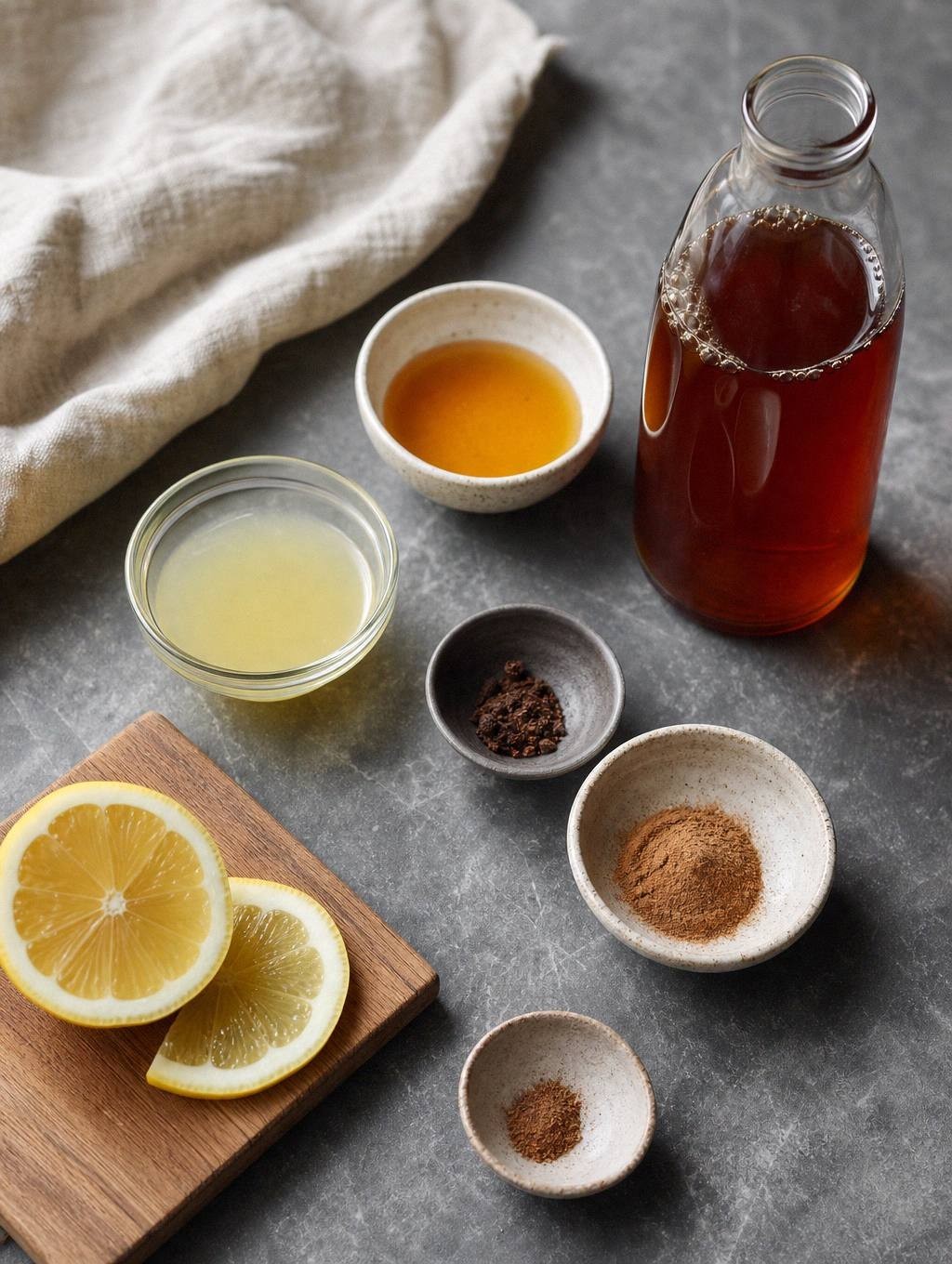 measured ingredients for hot toddy no alcohol including black tea, honey, fresh lemon juice, ground cloves, nutmeg, and cinnamon on a kitchen counter