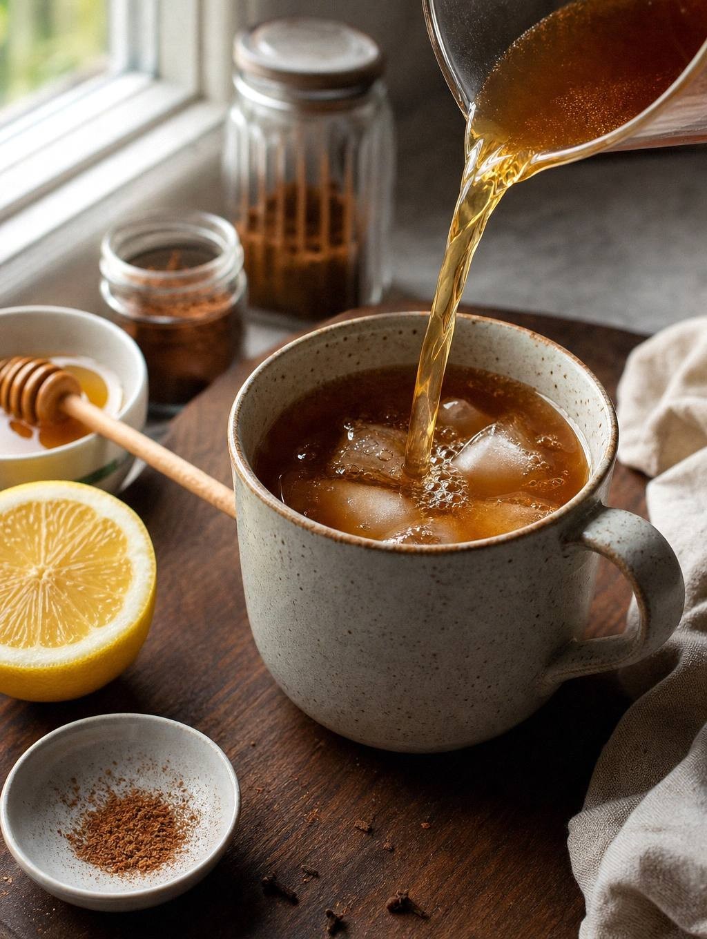 pouring hot brewed tea into a mug to make a nonalcoholic hot toddy, liquid in motion with honey and spices ready to stir