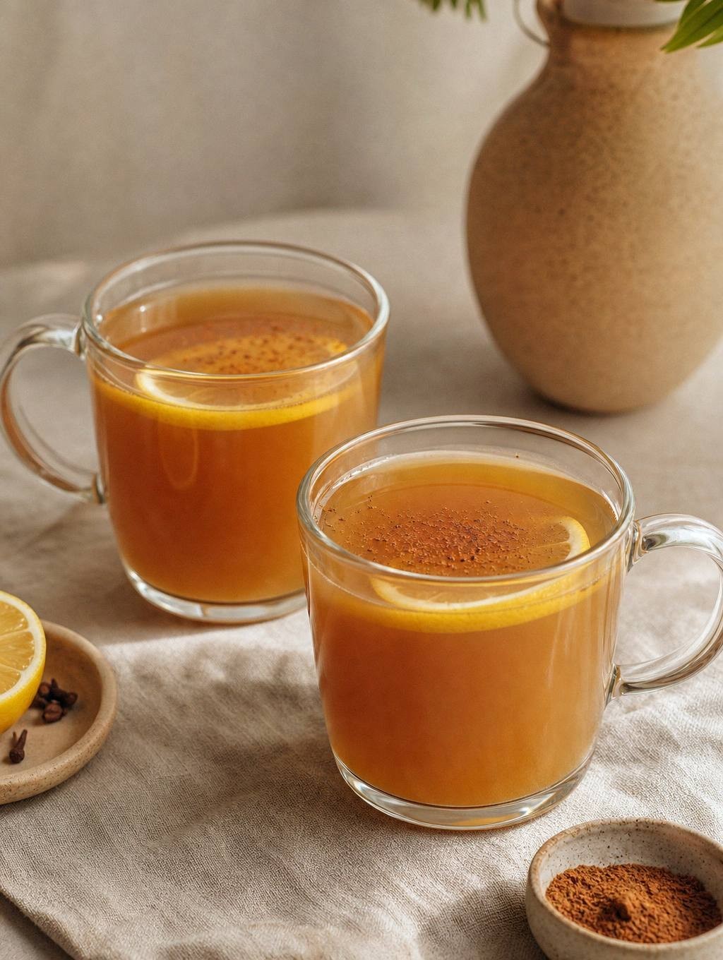 two servings of hot toddy alcohol free in mugs, caramel-colored drinks garnished with lemon slices and cinnamon sticks, styled on a table