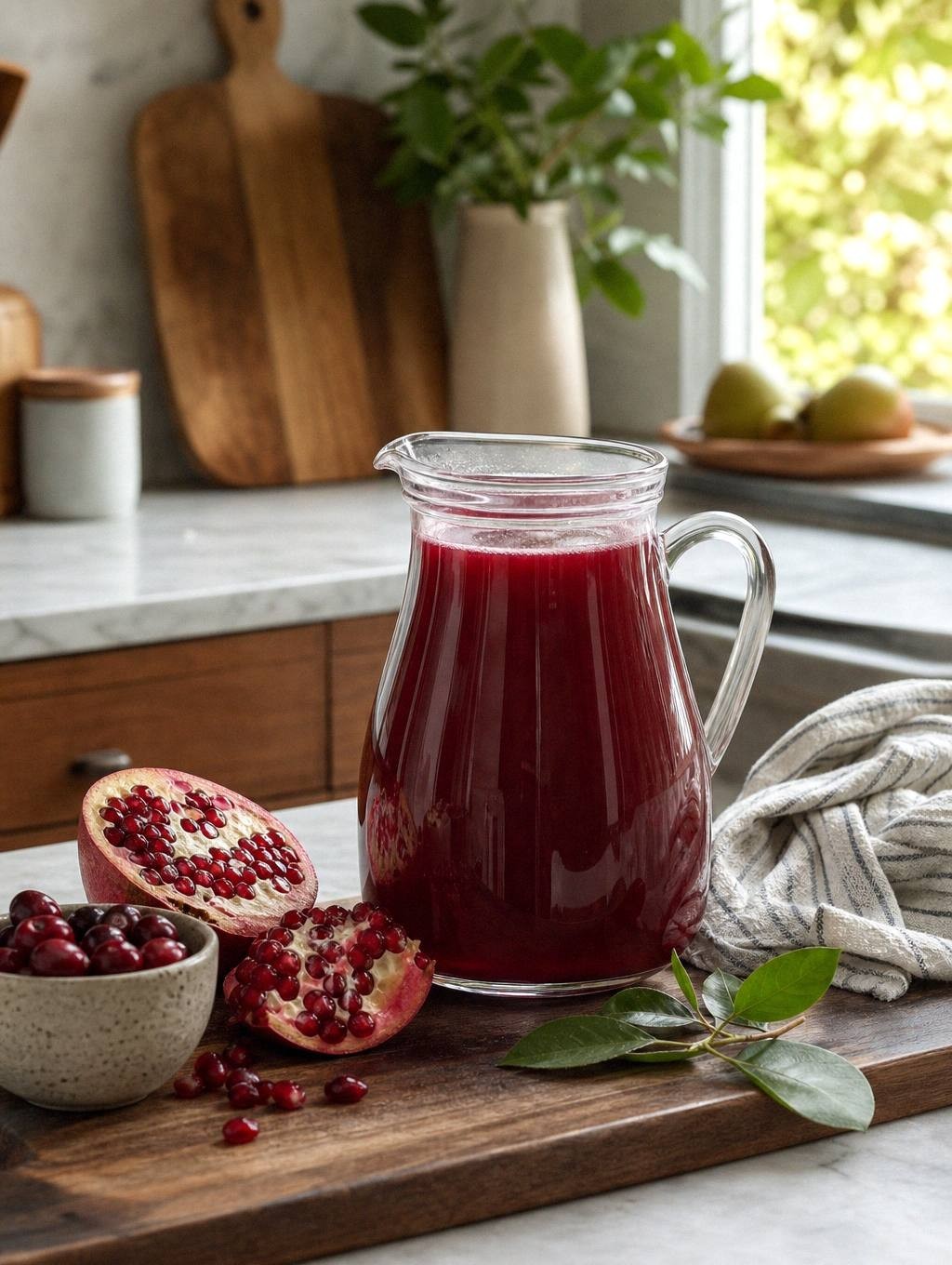 pomegranate juice and cranberry juice bottles next to whole cinnamon sticks, star anise, and cloves on kitchen counter