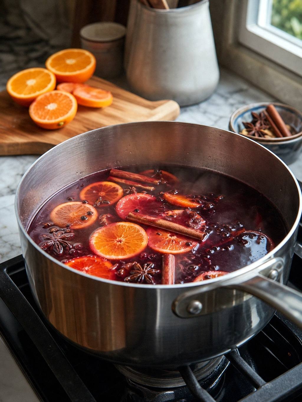 saucepan on stove with dark red liquid simmering, orange slices and whole spices visible in the mixture