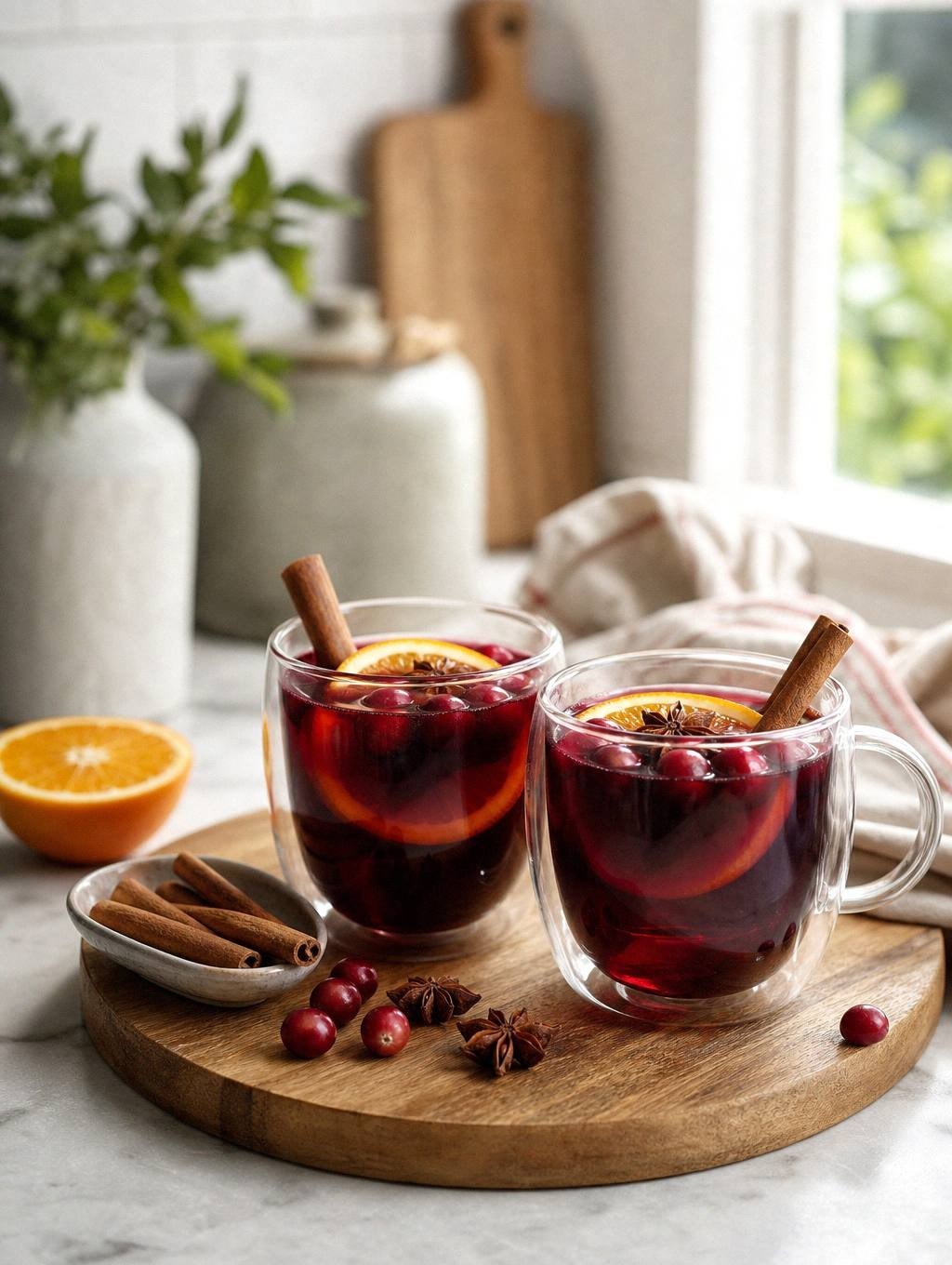 clear glass mug filled with mulled wine topped with orange slice, fresh cranberries, and cinnamon stick