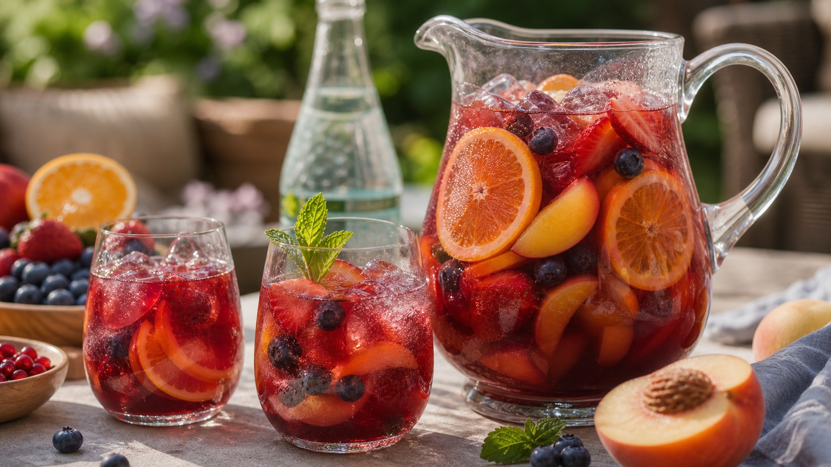 Pitcher of non-alcoholic sangria with citrus slices, berries, tea, juice, and glasses on a summer table