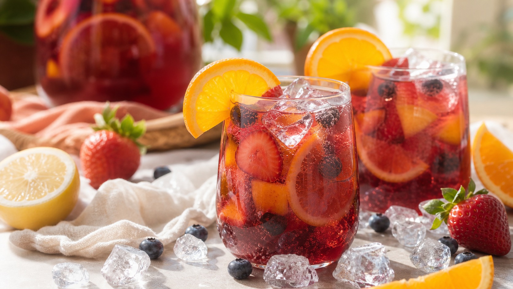 Close-up of alcohol-free sangria glasses with citrus, berries, and sparkling water