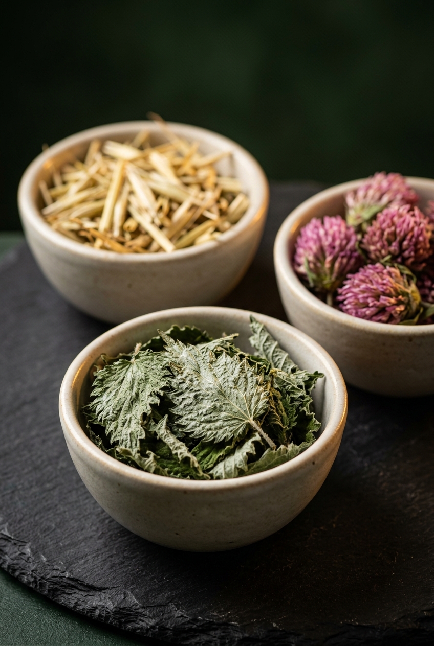 Quart mason jar filled with dried nettle leaf, oatstraw, and red clover blossoms steeping in clear water on a bright kitchen counter with spring sunlight streaming through window