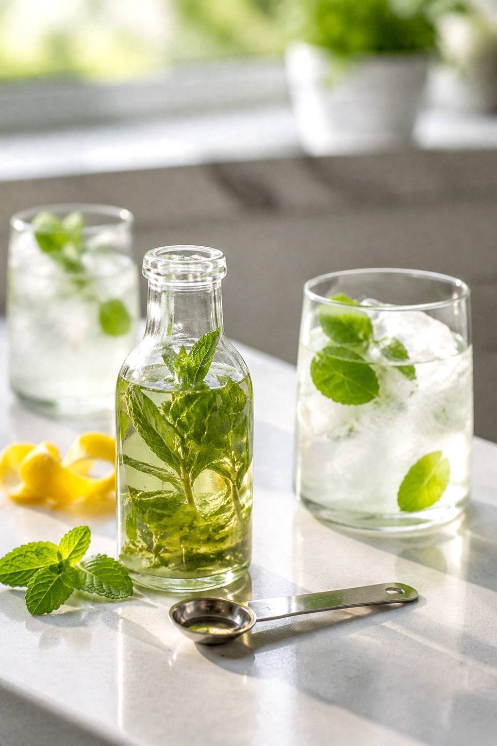 homemade herb syrup in a small glass bottle with mint basil lemon and summer drink glasses nearby