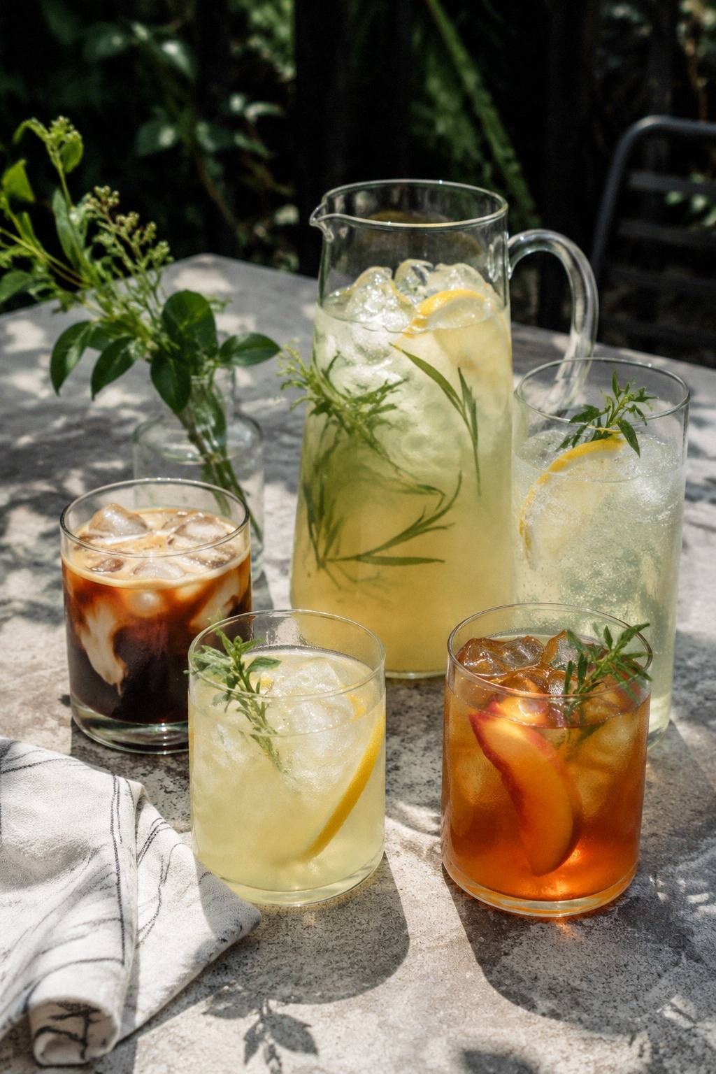 five summer drink glasses made with one herb syrup lemonade iced tea spritz cold brew and sparkling water on a patio table
