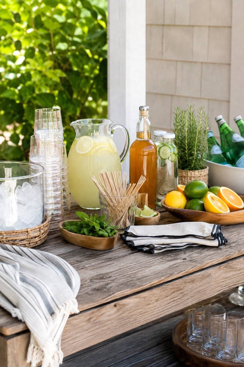 outdoor drink table with pitchers ice glasses citrus herbs labels napkins and towel on a shaded patio
