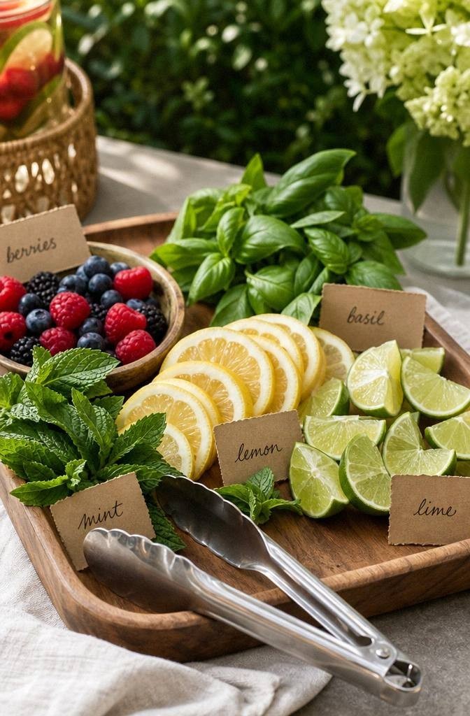 close up of outdoor drink table garnish tray with lemon lime mint basil berries tongs labels and linen napkin