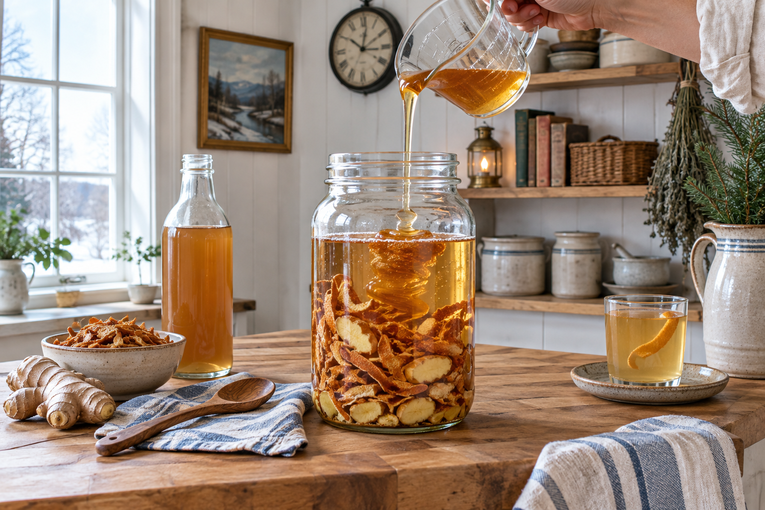 Pouring apple cider vinegar into glass jar with orange peel and ginger for oxymel