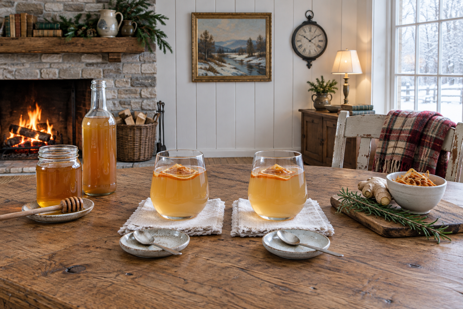 Two glasses of finished ginger-orange oxymel tonic styled on table