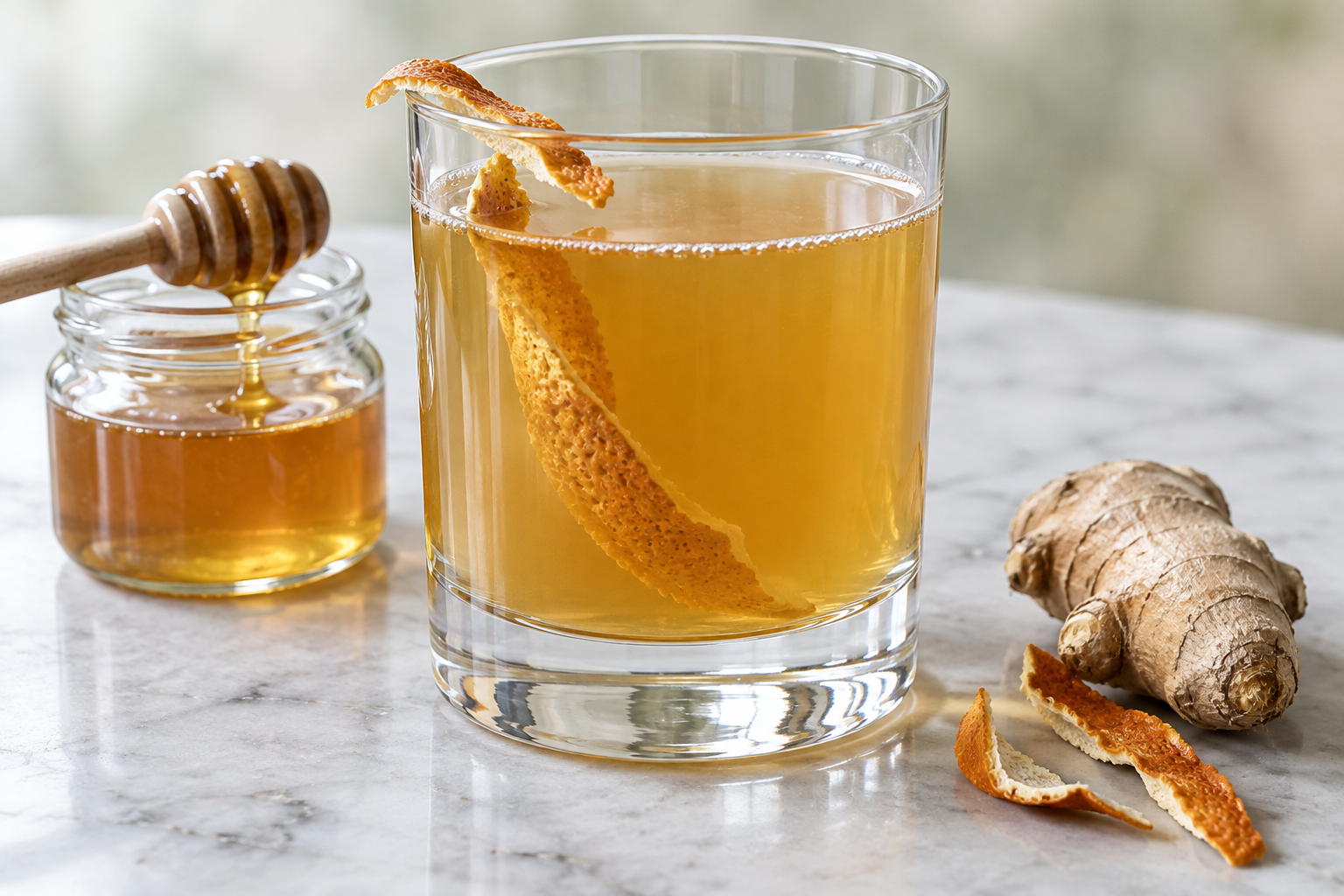Glass of honey-vinegar oxymel tonic with orange peel and ginger, filled and garnished